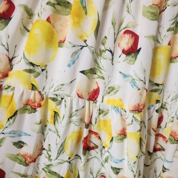 Aqua Fruit Medley Tiered Yellow Sweetheart Neckline Midi Sundress Size L - Picture 11 of 11